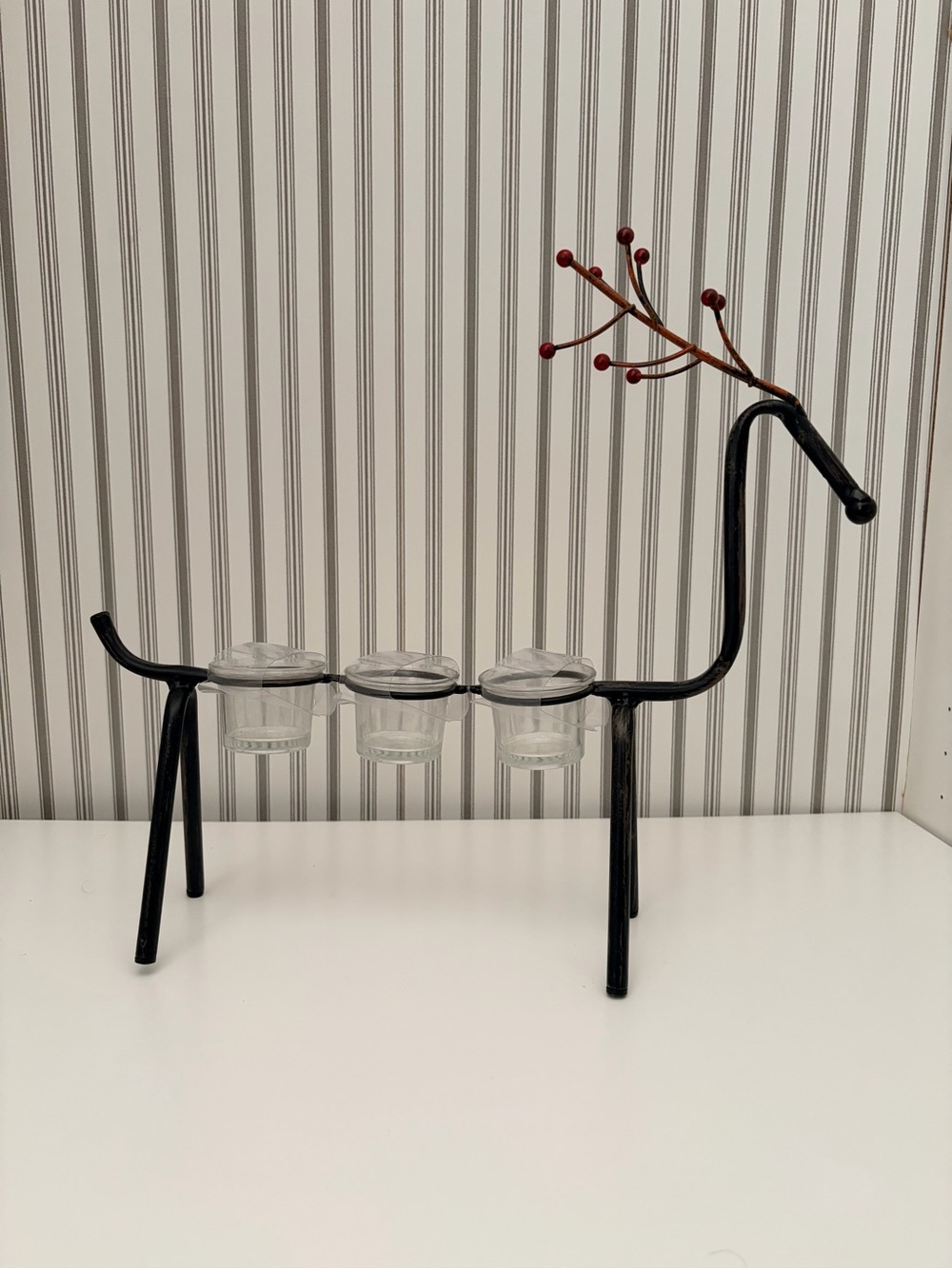 Black Metal Reindeer Votive 3 Candle Holder with Glass Cups